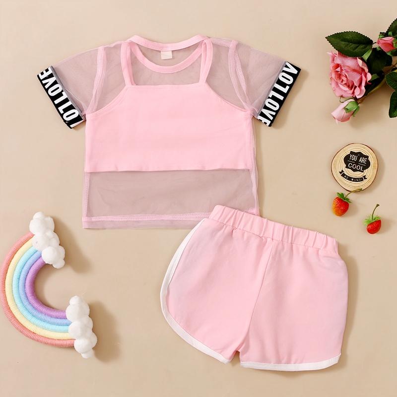 Toddler Girl 3pcs Letter Pattern Summer Suit Mesh T-shirt+Skirt+Cami Top - PrettyKid