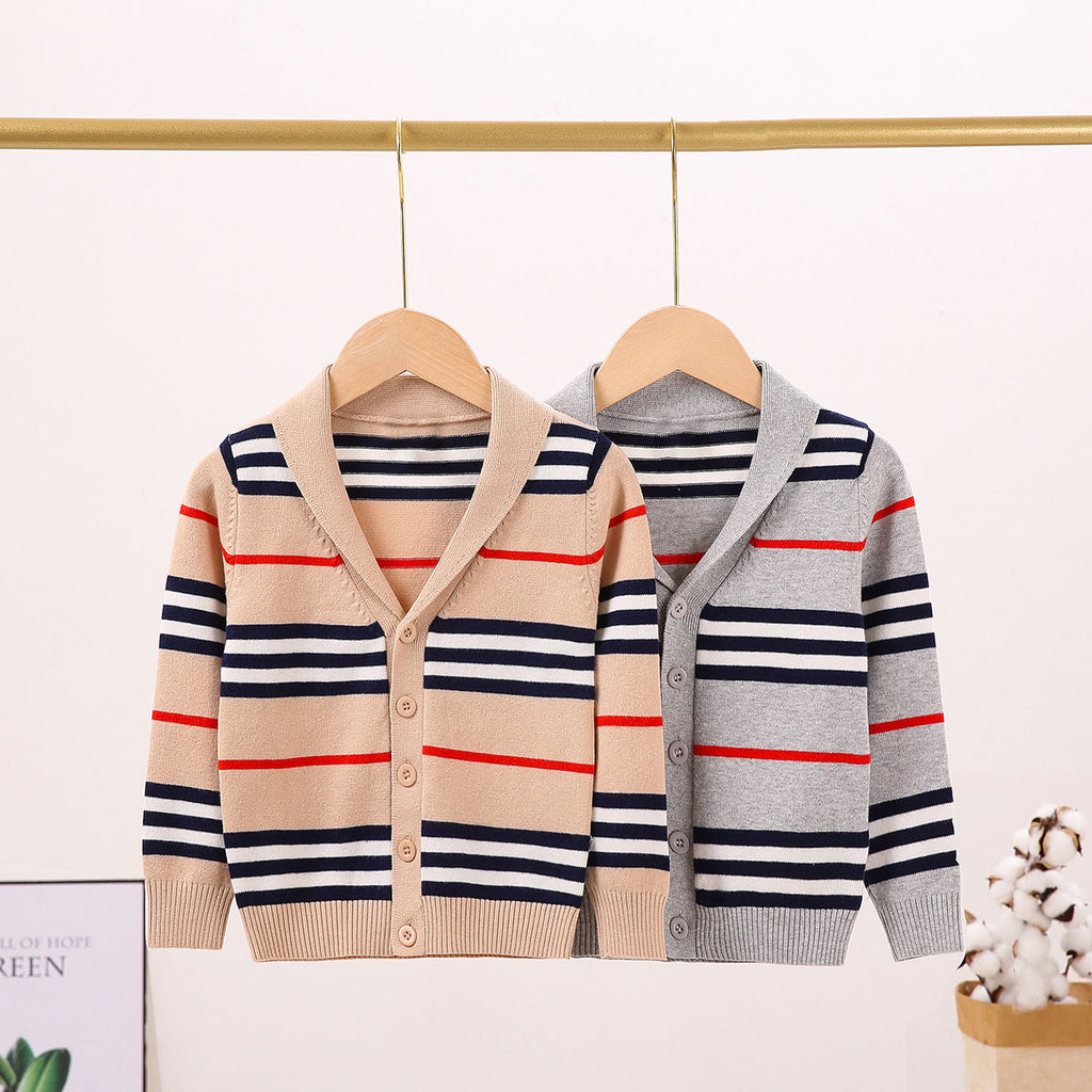 Wholesale Toddler Boys Lapel Stripes Sweater Cardigan in Bulk - PrettyKid