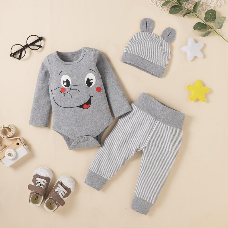 kids dress wholesale Baby Boy Elephant Pattern Long Sleeves Top & Pants & Hat Wholesale Children's Clothing - PrettyKid