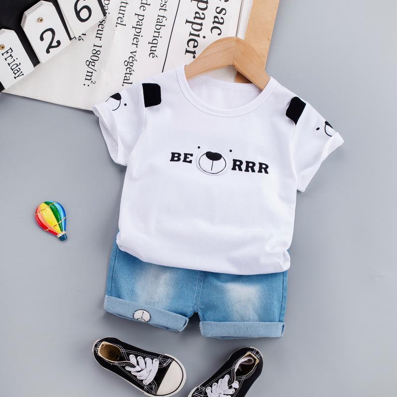 Toddler Boy Letter Print Cartoon Bear Pattern T-Shirt & Shorts - PrettyKid