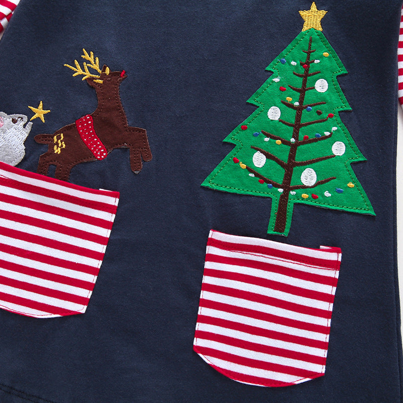 Toddler Kids Girls' Round Neck Long Sleeve Long T-shirt Children's Stripe Christmas Dress - PrettyKid