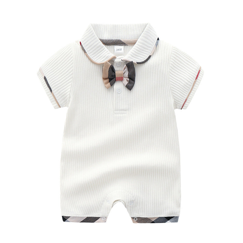 Baby Boys Solid Cotton Vertical Plaid Splicing Bow Tie Short Sleeve Summer Thin One Piece - PrettyKid