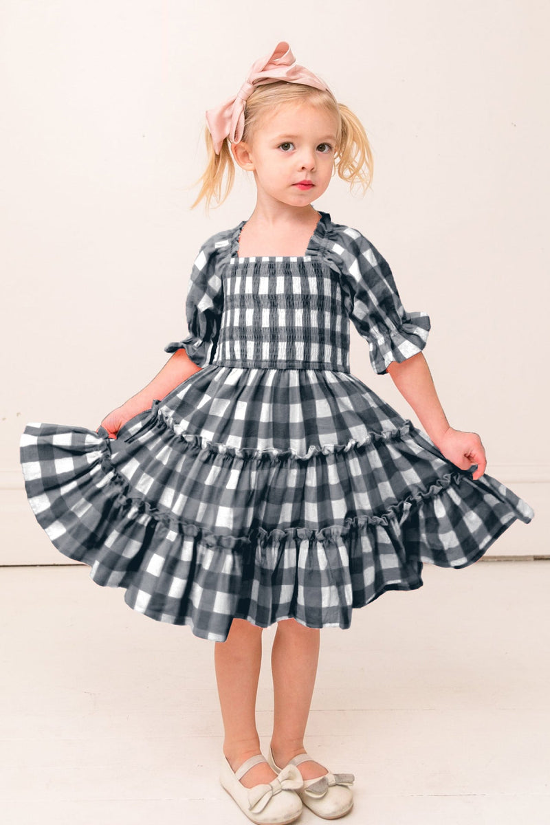 7-12Y Square Neck Lantern Short Sleeve Ruffled Pleats Casual Dresses For Girls Wholesale Kids Boutique Clothing - PrettyKid