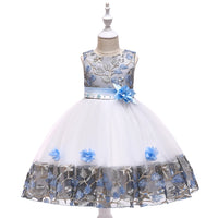 Kids Girls Flower Embroidered Mesh Stitched Sleeveless Puffy Dress Flower Girl Skirt - PrettyKid