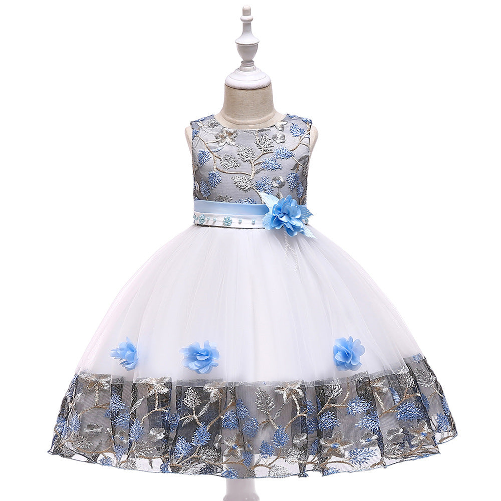 Kids Girls Flower Embroidered Mesh Stitched Sleeveless Puffy Dress Flower Girl Skirt - PrettyKid