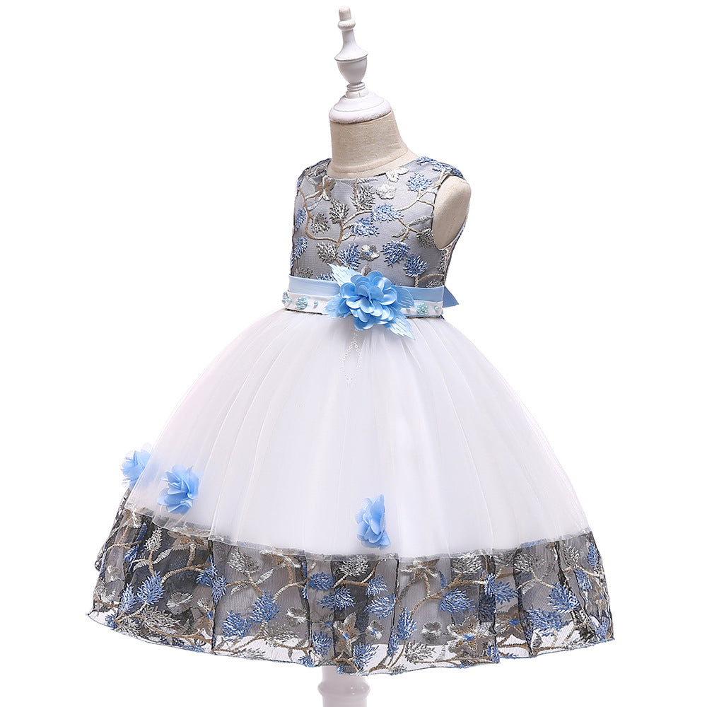 Kids Girls Flower Embroidered Mesh Stitched Sleeveless Puffy Dress Flower Girl Skirt - PrettyKid