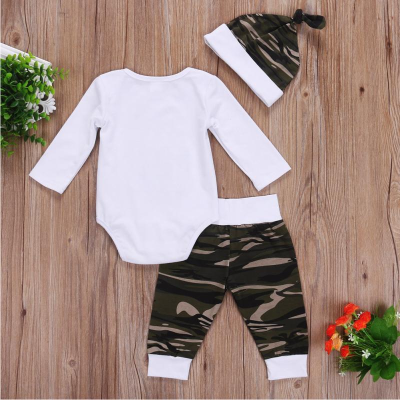 Baby Boys Solid Color Little Man Lettered Print Bodysuit Camouflage Pants Hat Three Piece Set - PrettyKid