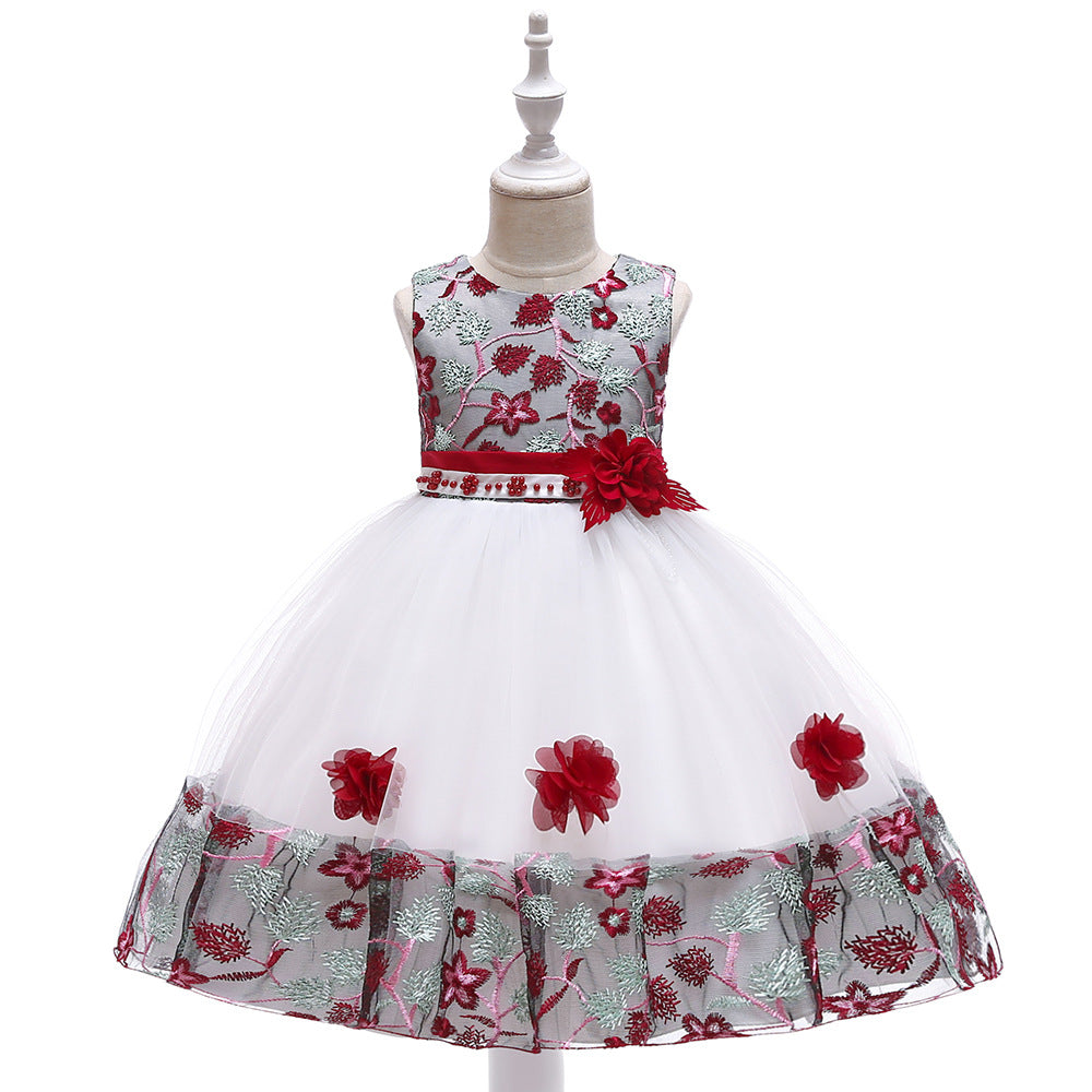 Kids Girls Flower Embroidered Mesh Stitched Sleeveless Puffy Dress Flower Girl Skirt - PrettyKid