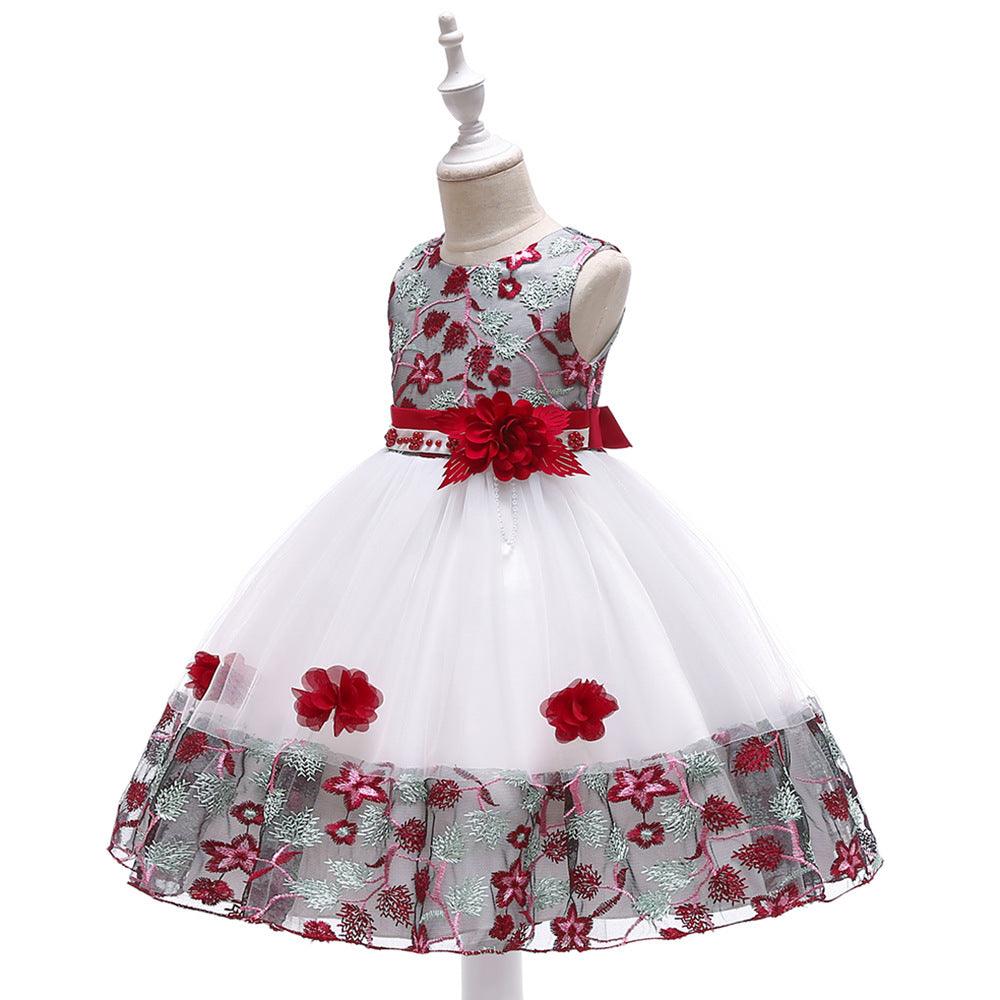 Kids Girls Flower Embroidered Mesh Stitched Sleeveless Puffy Dress Flower Girl Skirt - PrettyKid