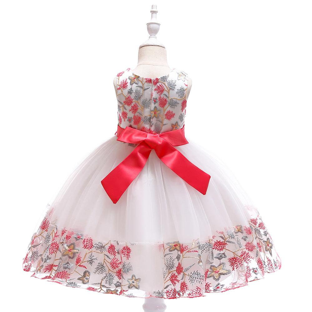 Kids Girls Flower Embroidered Mesh Stitched Sleeveless Puffy Dress Flower Girl Skirt - PrettyKid