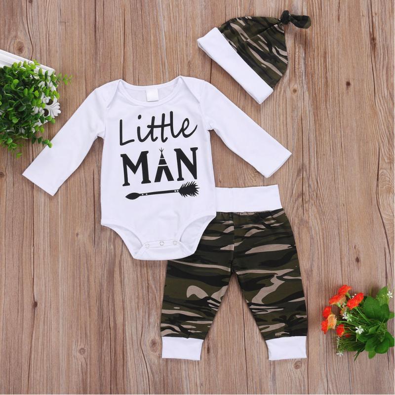 Baby Boys Solid Color Little Man Lettered Print Bodysuit Camouflage Pants Hat Three Piece Set - PrettyKid