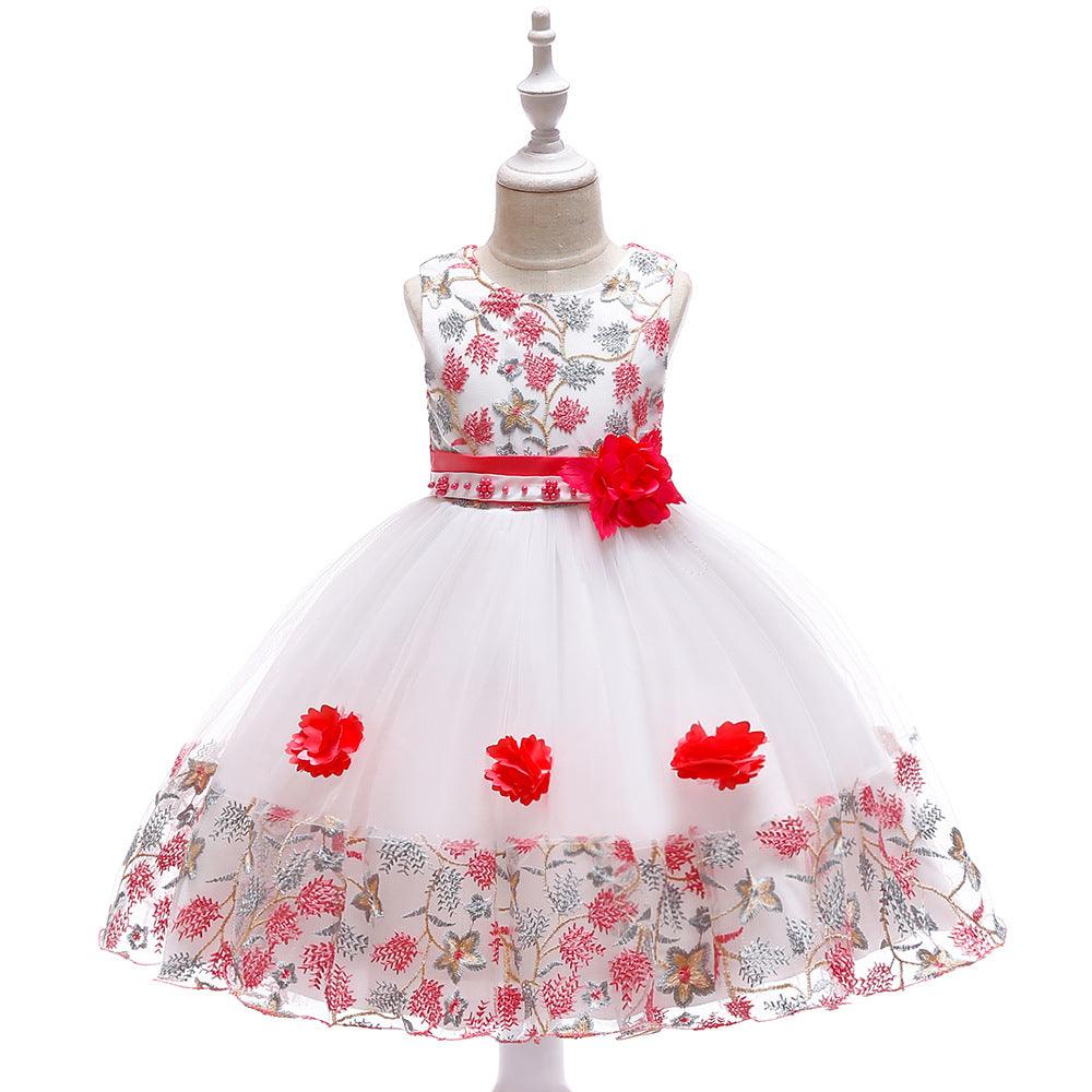 Kids Girls Flower Embroidered Mesh Stitched Sleeveless Puffy Dress Flower Girl Skirt - PrettyKid