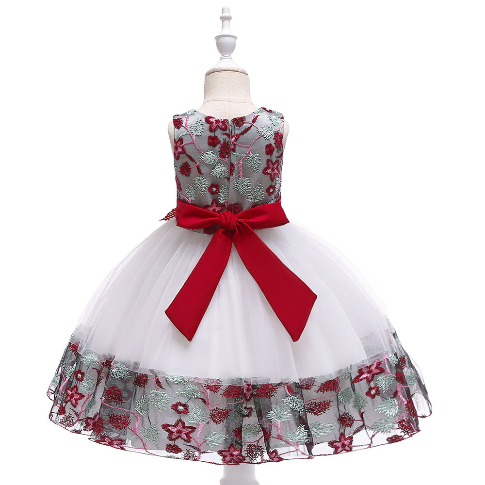 Kids Girls Flower Embroidered Mesh Stitched Sleeveless Puffy Dress Flower Girl Skirt - PrettyKid