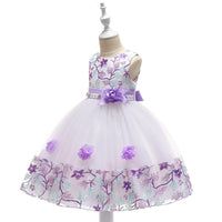 Kids Girls Flower Embroidered Mesh Stitched Sleeveless Puffy Dress Flower Girl Skirt - PrettyKid