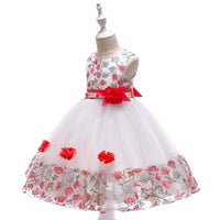 Kids Girls Flower Embroidered Mesh Stitched Sleeveless Puffy Dress Flower Girl Skirt - PrettyKid