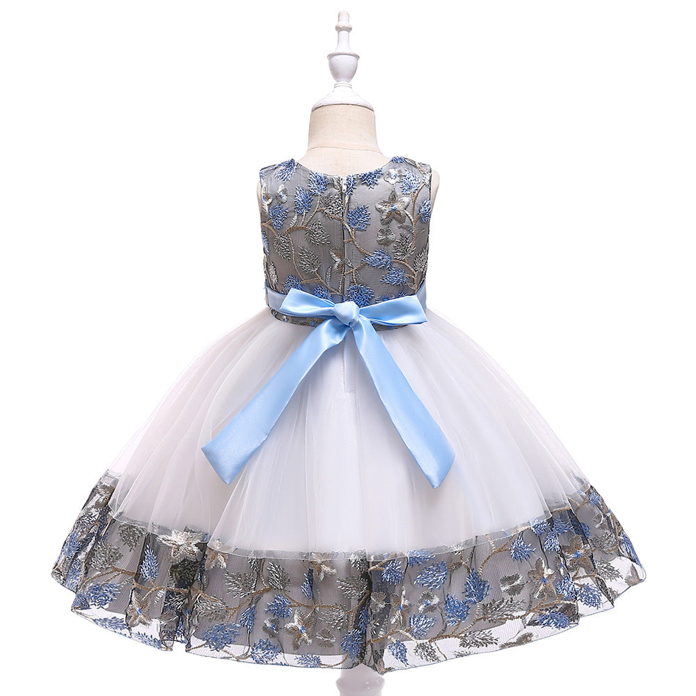 Kids Girls Flower Embroidered Mesh Stitched Sleeveless Puffy Dress Flower Girl Skirt - PrettyKid