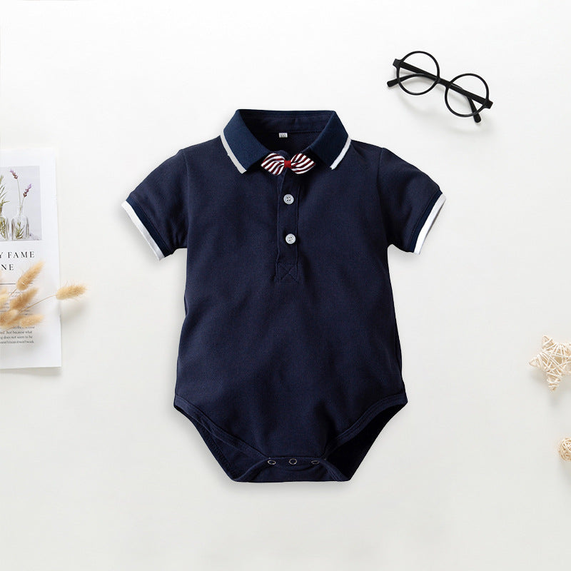 Baby Boys Solid Color Polo Collar Jumpsuit Gentleman's Strappy Pants Set - PrettyKid