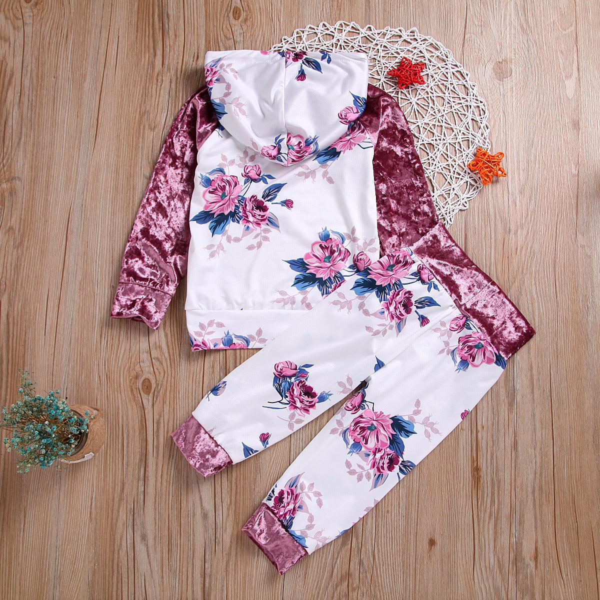 Toddler kids girls flower print hoodie long-sleeved suit - PrettyKid