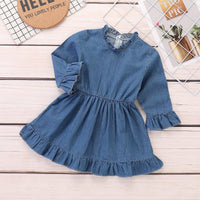 Baby Girls Denim Flared Sleeve Ruffle Collar Dress - PrettyKid