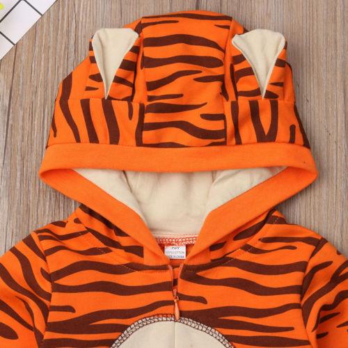 Baby Boys Girls Cartoon Tiger Styling Striped Print Cute Hooded Long Sleeved Jumpsuit - PrettyKid