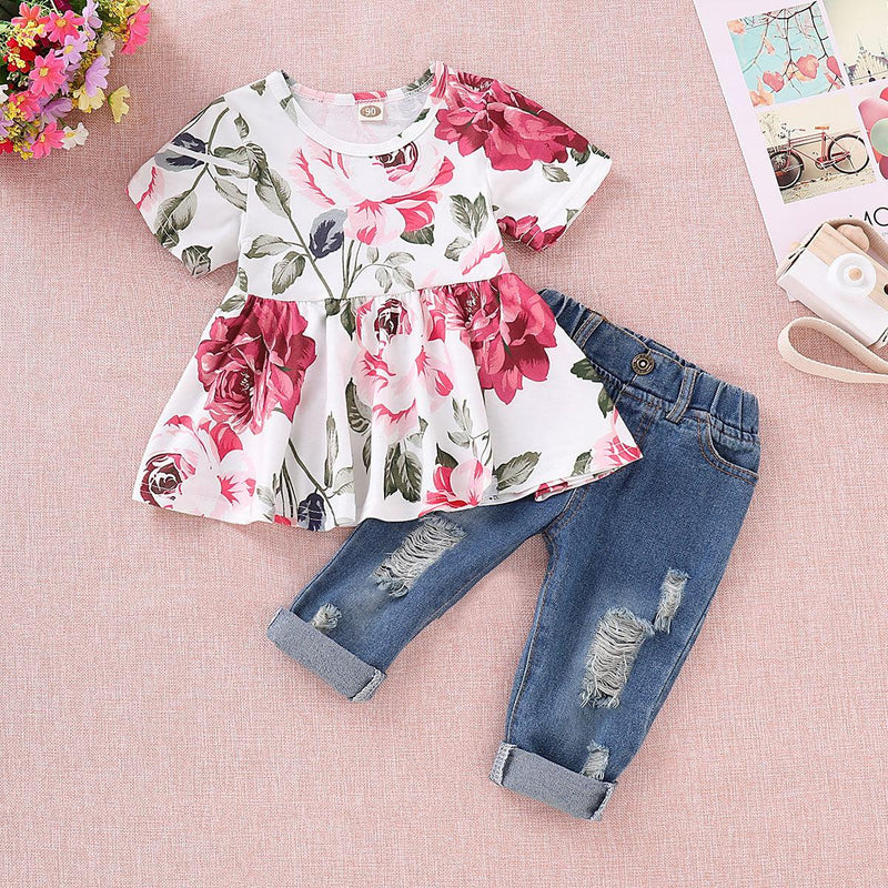 Toddler Kids Girls Rose Print Top Denim Pants Set - PrettyKid