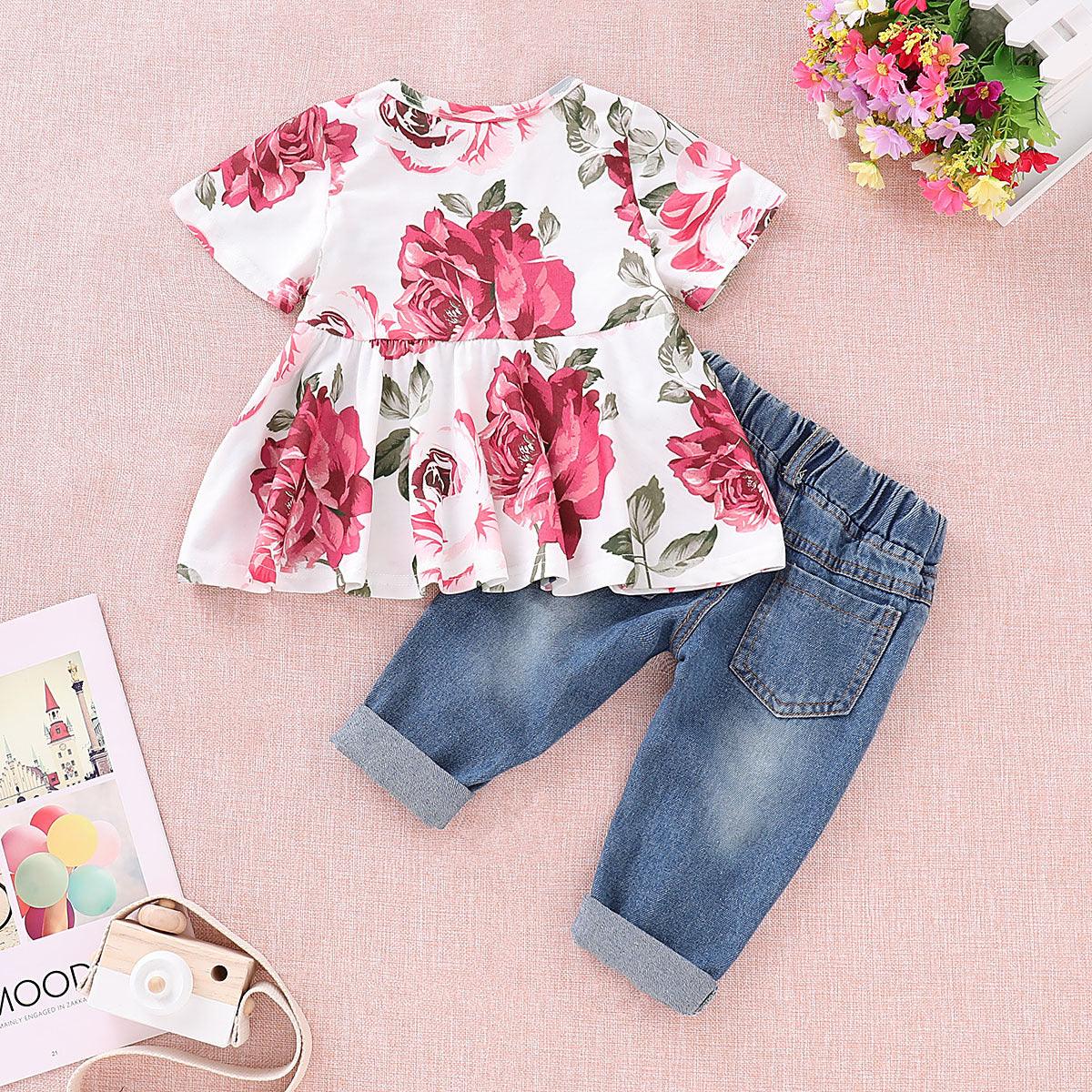 Toddler Kids Girls Rose Print Top Denim Pants Set - PrettyKid