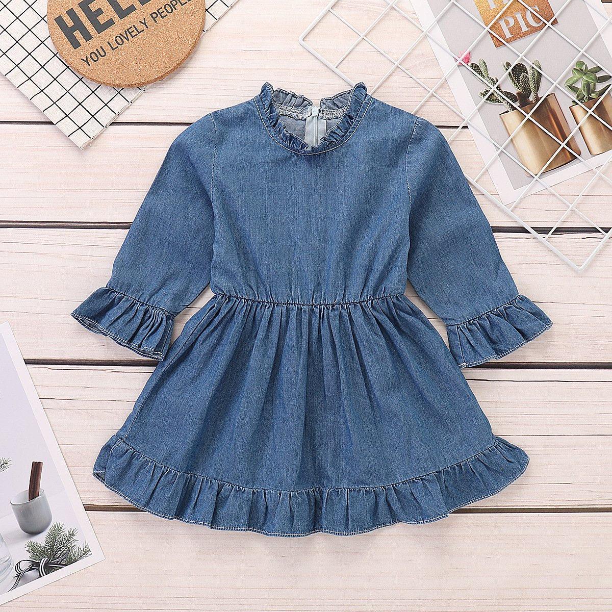 Baby Girls Denim Flared Sleeve Ruffle Collar Dress - PrettyKid