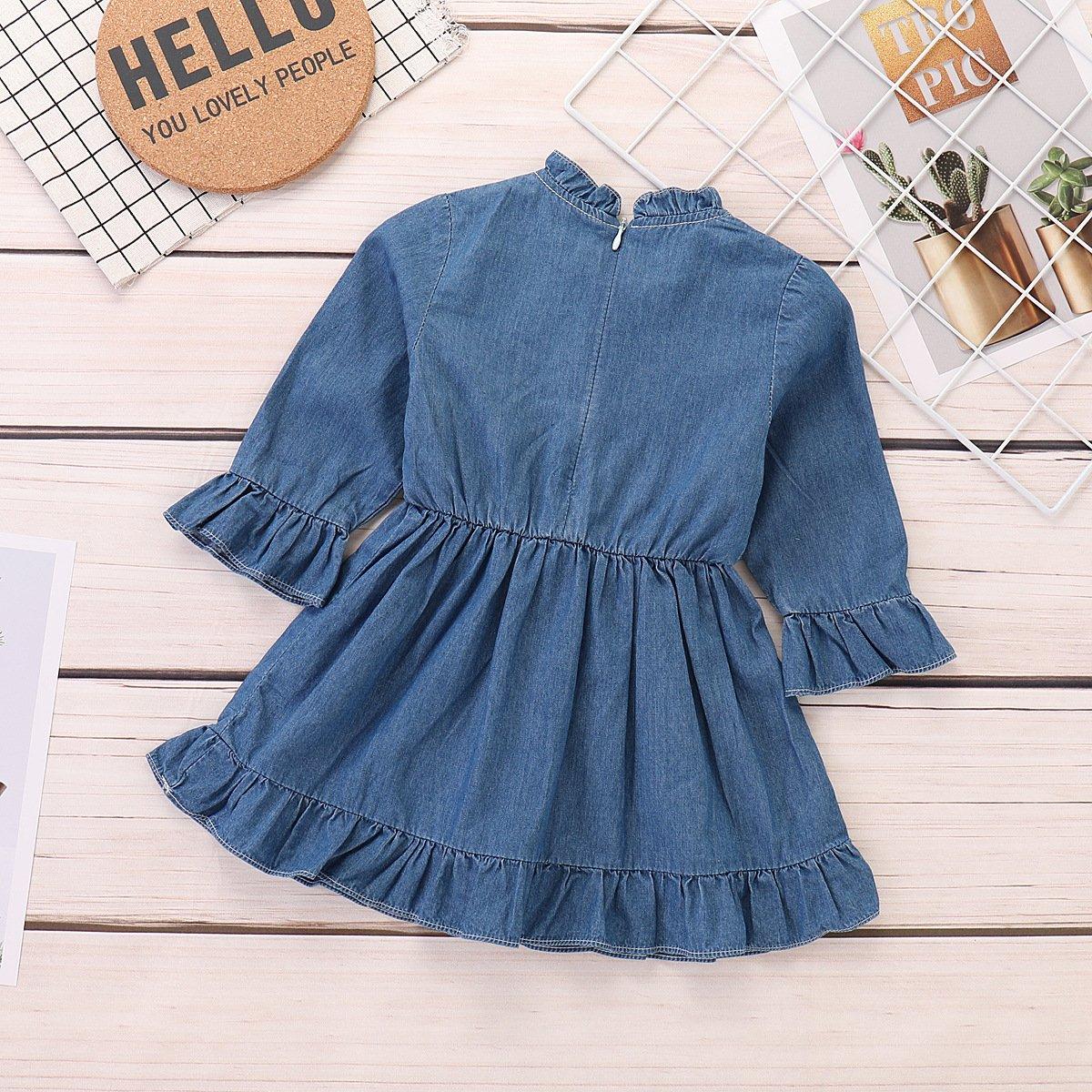 Baby Girls Denim Flared Sleeve Ruffle Collar Dress - PrettyKid