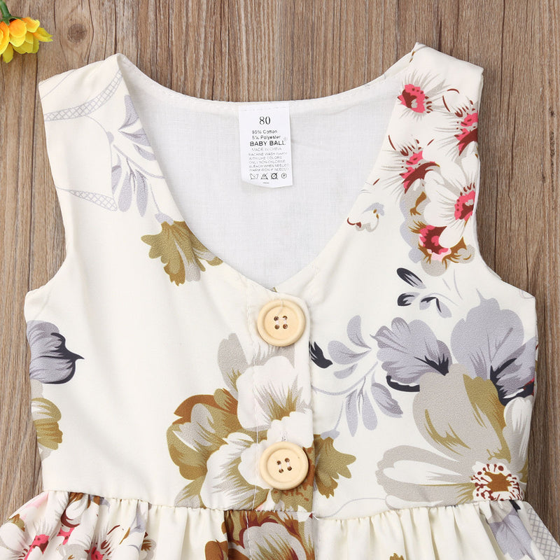 9M-5Y Toddler Girls Dresses Floral V-Nesk Button Up Sleeveless Wholesale Little Girl Clothing - PrettyKid