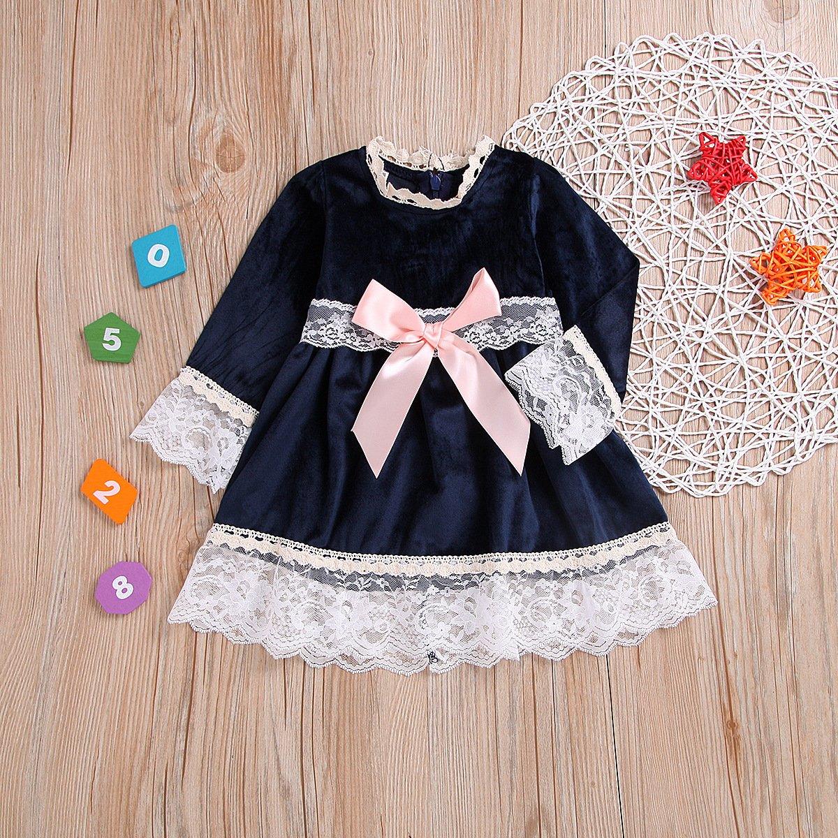 Toddler Girl's Lace Round Neck Lace Long Sleeve Princess Skirt - PrettyKid