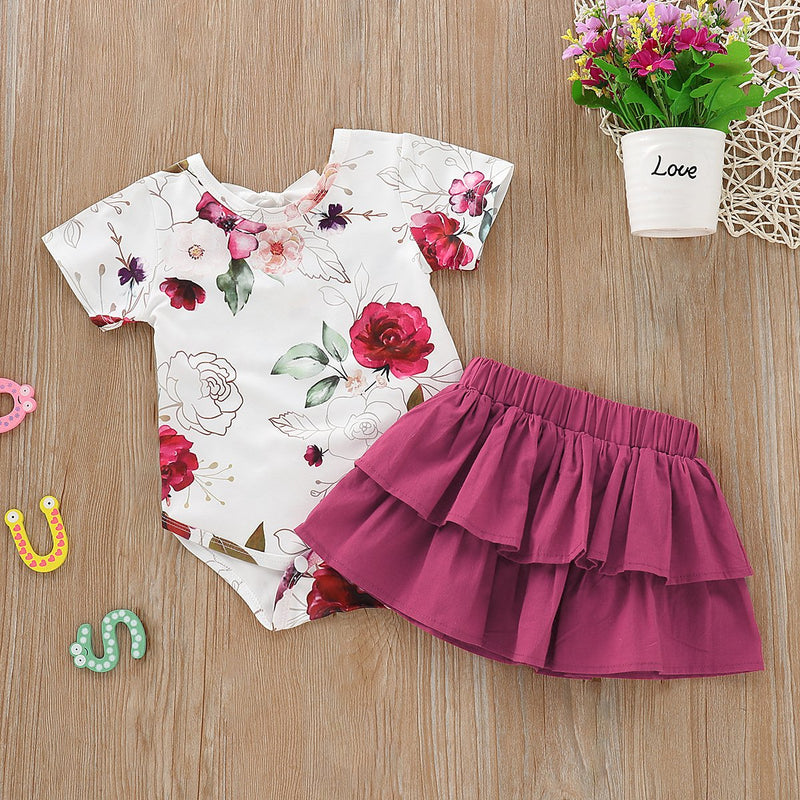 Baby Girls Floral Print Top & Layered Solid Color Skirt - PrettyKid