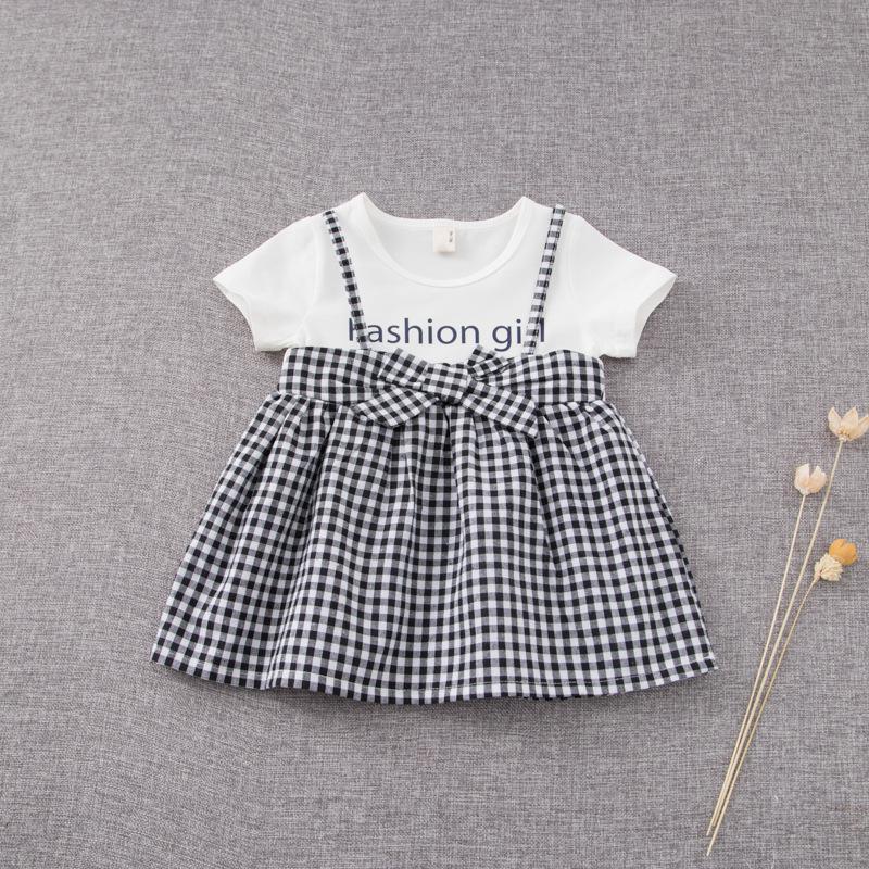 Fashion Girls Fake Two Piece Plaid Suspender Bow Dress - PrettyKid