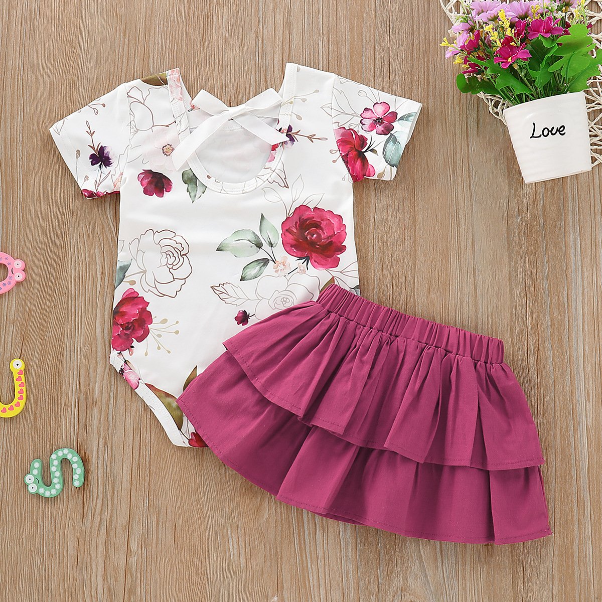 Baby Girls Floral Print Top & Layered Solid Color Skirt - PrettyKid