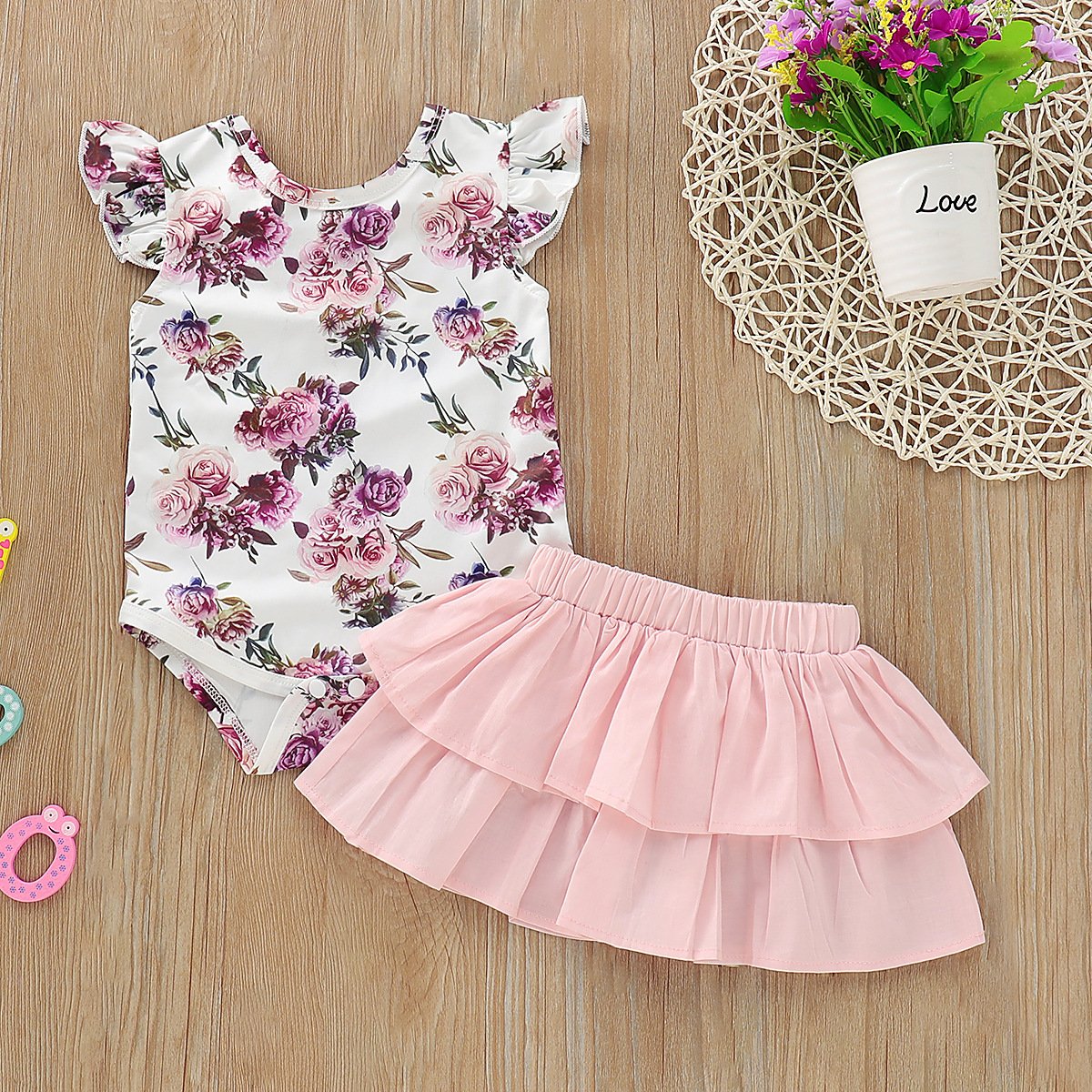 Baby Girls Floral Print Top & Layered Solid Color Skirt - PrettyKid