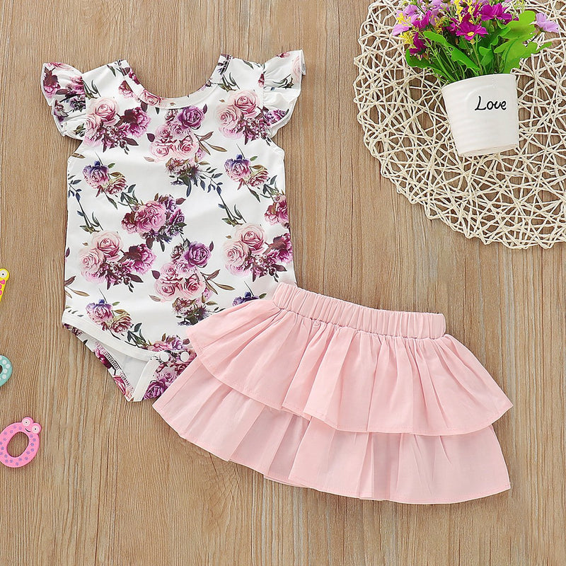Baby Girls Floral Print Top & Layered Solid Color Skirt - PrettyKid