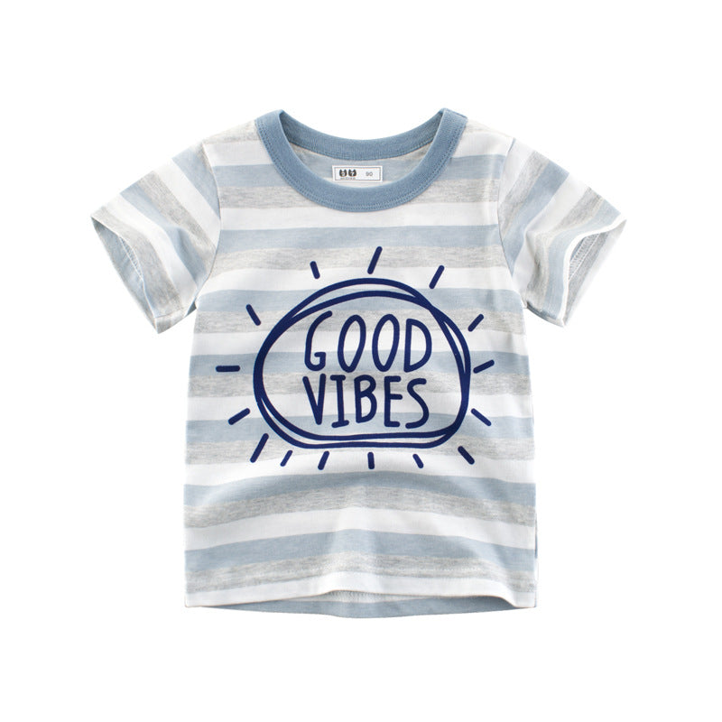 Toddler Kids Boys Striped Monogrammed Crew Neck Short Sleeve T-shirt Top - PrettyKid