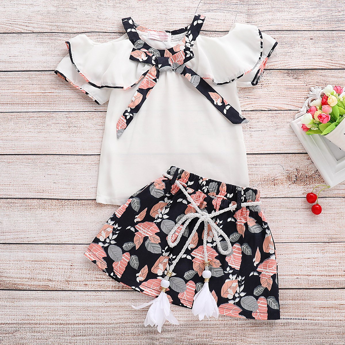 Girls Stylish Bow Top & Printed Allover Skirt - PrettyKid