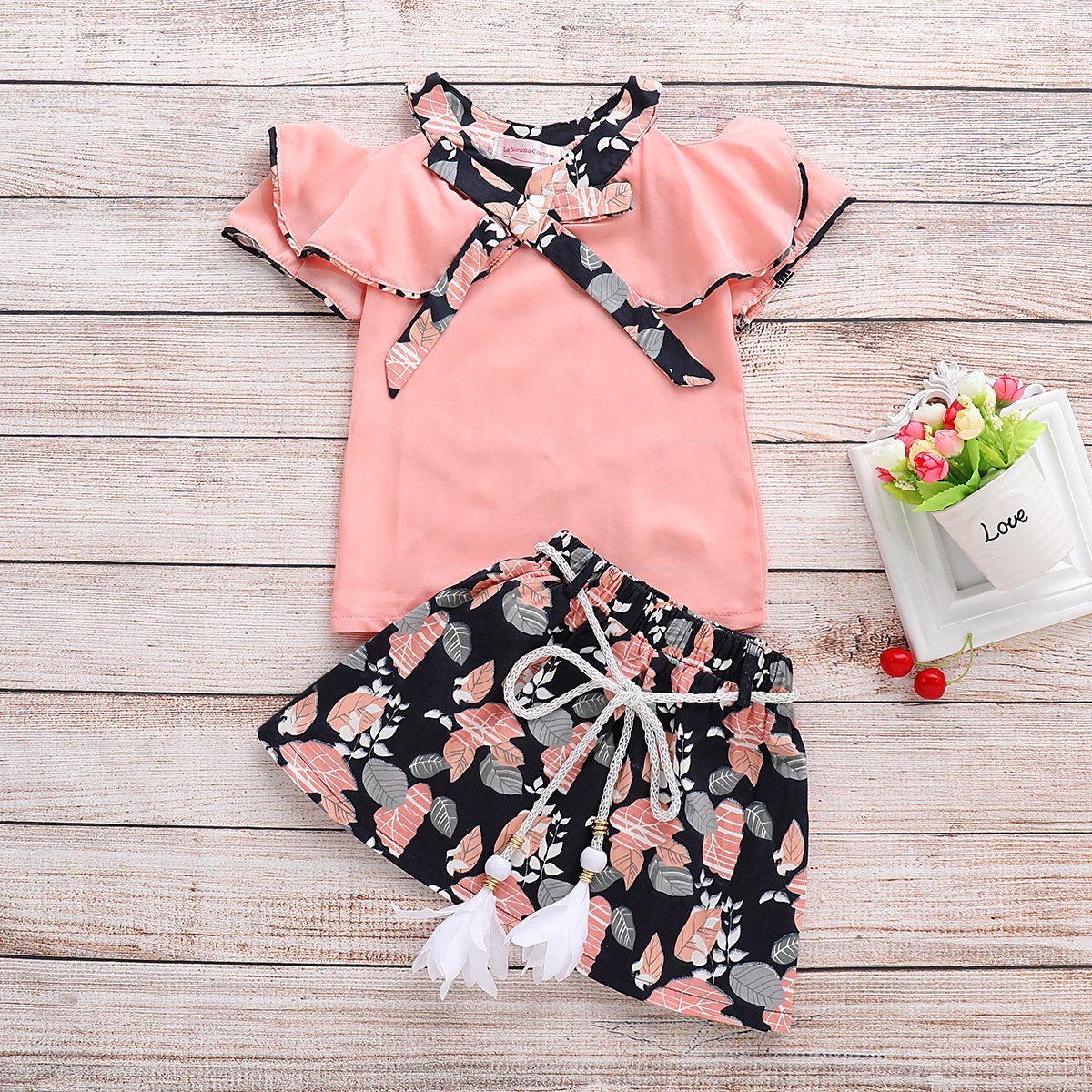 Girls Stylish Bow Top & Printed Allover Skirt - PrettyKid