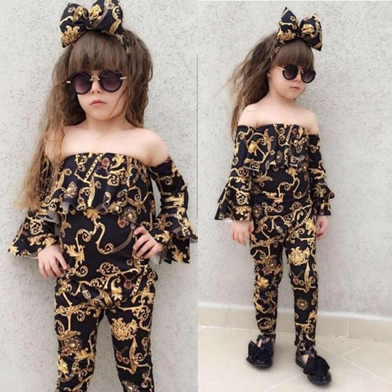 Girls' Off Shoulder Trumpet Sleeve Top Pants Hair Band Set - PrettyKid