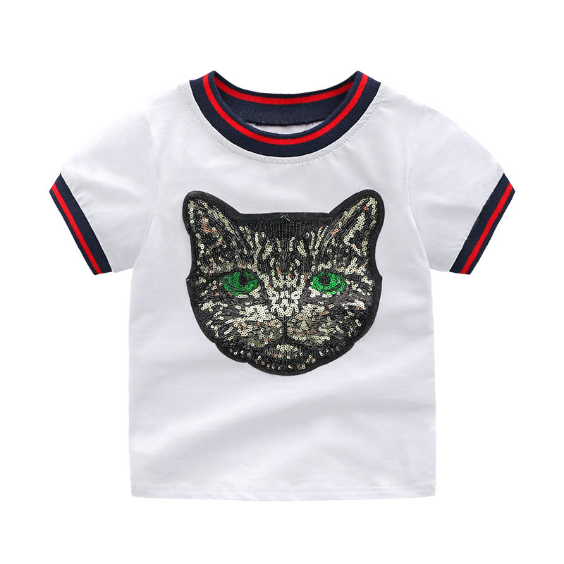 Baby Boys Girls Solid Cartoon Cat Sequin Short Sleeve T-Shirt Top - PrettyKid