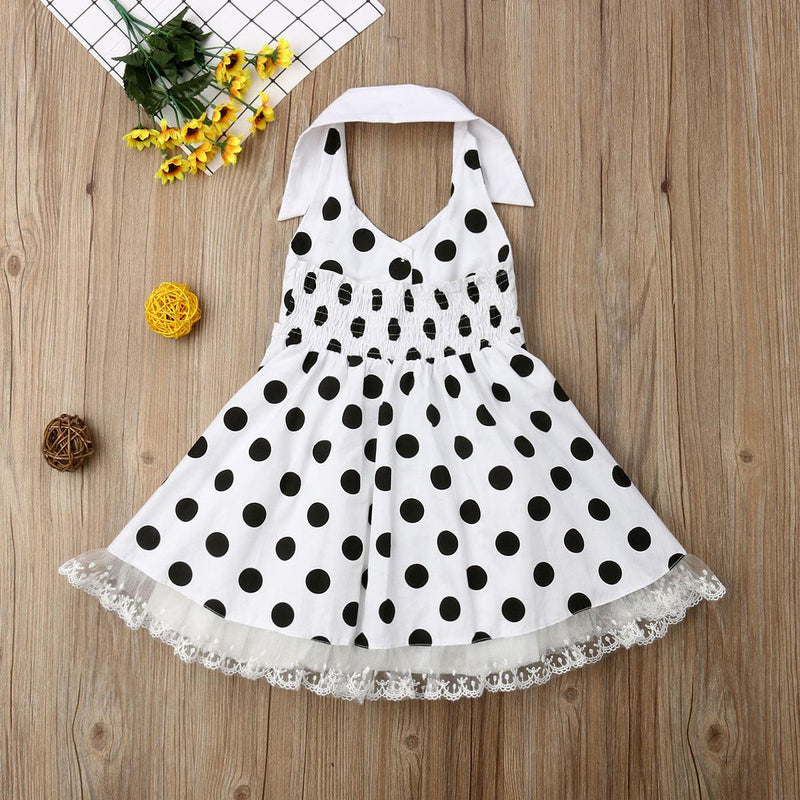 Toddler Kids Girls' Shirt Collar Wave Dot Stitched Lace Sleeveless Neck Dress - PrettyKid