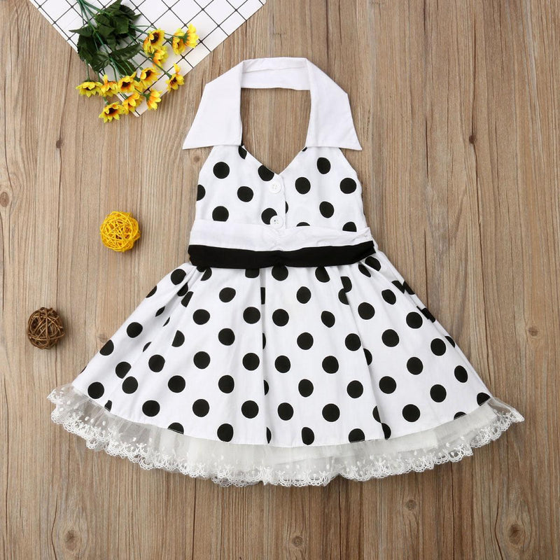 Toddler Kids Girls' Shirt Collar Wave Dot Stitched Lace Sleeveless Neck Dress - PrettyKid