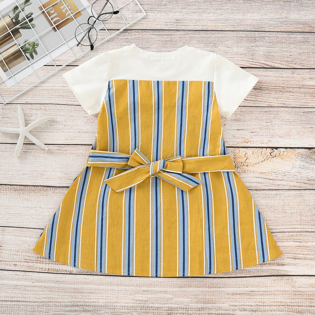 Toddler Girls Cute Short Sleeve Striped Color Contrast Princess Dress - PrettyKid