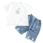 Kids Boys Solid Thumb Print Short Sleeve T-shirt Cartoon Embroidery Hole Denim Shorts Set - PrettyKid