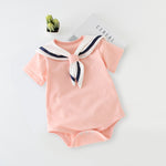 Baby Boys Girls Solid Cotton Navy Collar Short Sleeve Jumpsuit Romper - PrettyKid