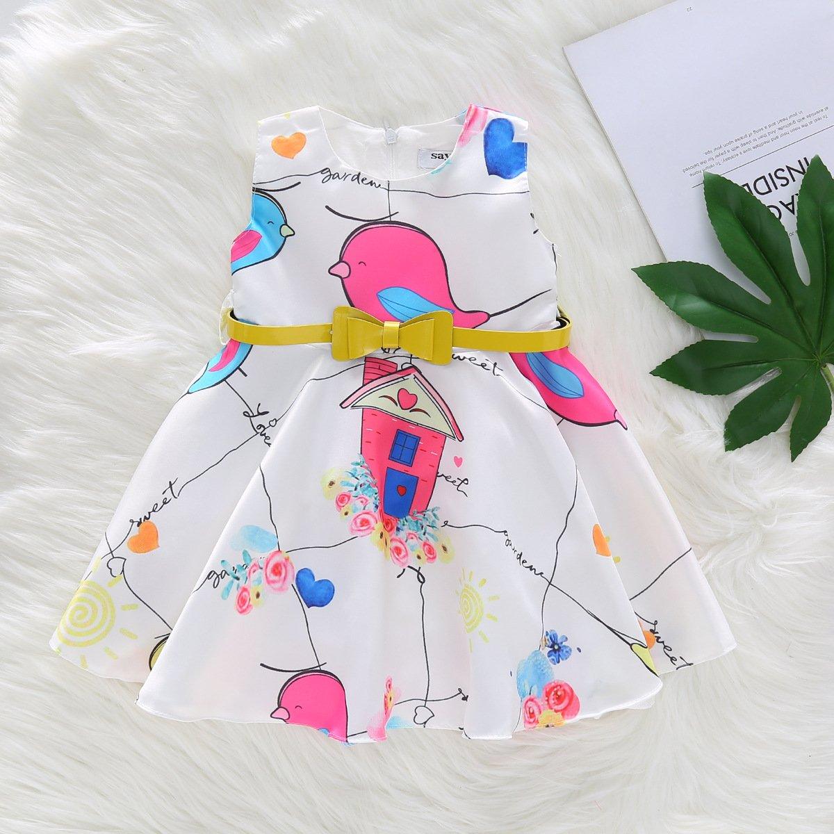 Toddler Girls Cartoon Bird Print Dress Belt Bow Princess Dress - PrettyKid