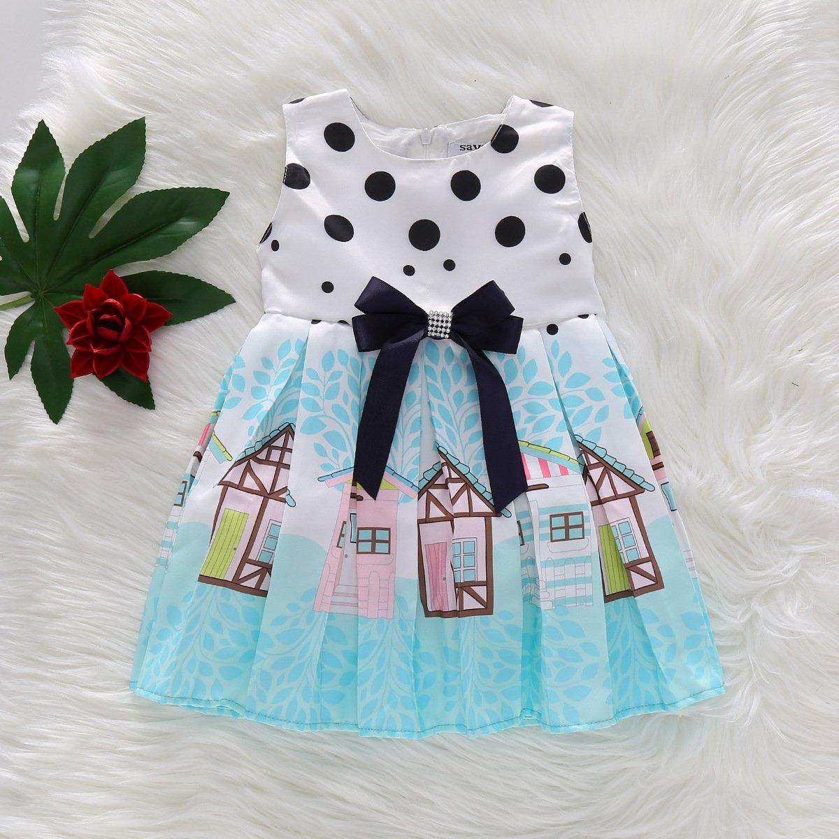 Toddler Girls Print Cartoon Dress Bow Dot Princess Dress - PrettyKid