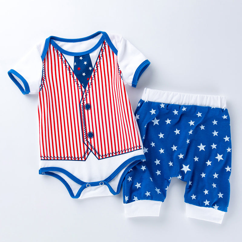 Independence Day New 0-2 Years Old Baby Short-sleeved Harness Shorts Two-piece Set - PrettyKid