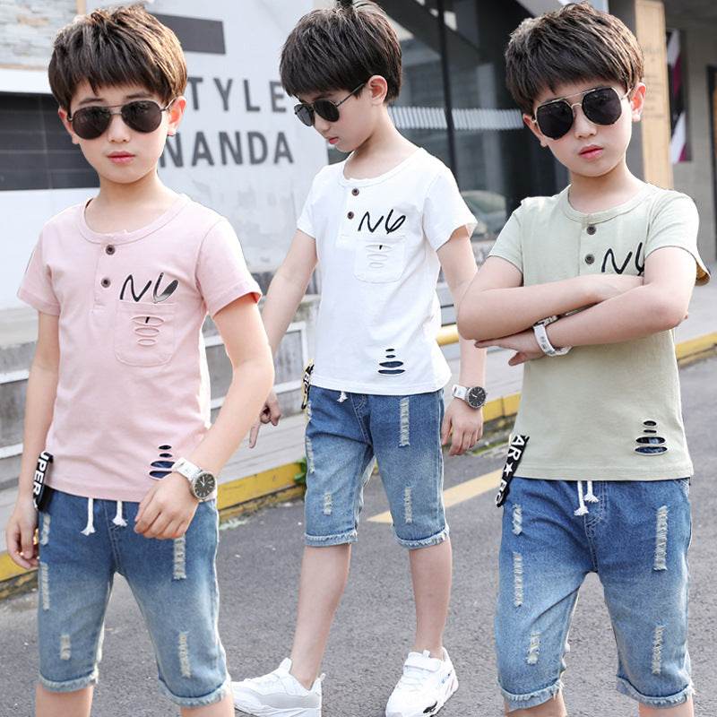 Kids Boys Solid Letter Print Pocket Short Sleeve T-shirt Lace Up Ripped Denim Shorts Set - PrettyKid
