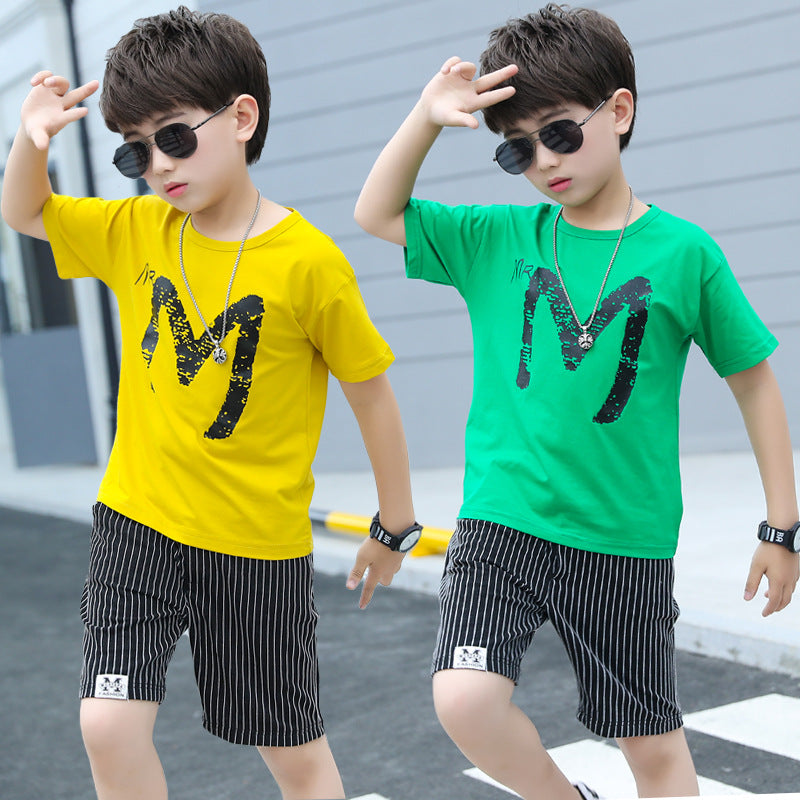 Kids Boys Summer Solid Letter M Print Short Sleeve T-shirt Stripe Shorts Set - PrettyKid